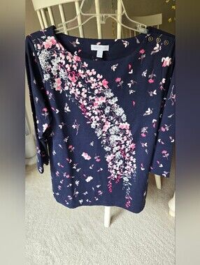 Charter Club Navy Floral Boatneck Top with Pink & White Cascade